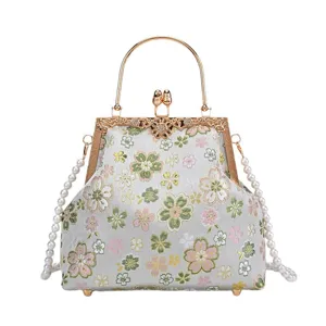 Vintage bloemen brokaat handtas kussenslot elegante parel ketting schoudertas dames