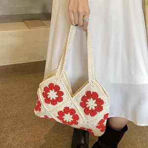 Handgemachte Strick Häkel-Tasche für Damen, modische Blumenmuster Achseltasche Strandtasche.