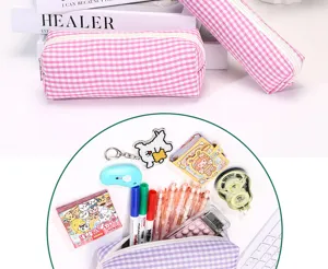 Koreanischer karierter Federtasche Kosmetik Organizer süße Stoff Schreibwarentasche rosa Stil