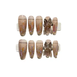 Handmade press on nails luxury long coffin false nails with crystal bow and 3d drops