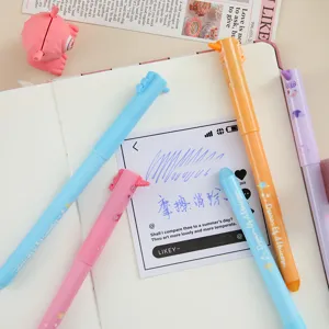 Close-up details of cute rainbow unicorn erasable gel pens with vibrant colors for students.