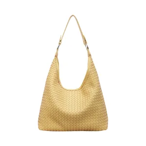 Gelbe gewebte Umhängetasche, stilvolle Hobo Tasche für Damen, lässige Handtasche für Alltag.