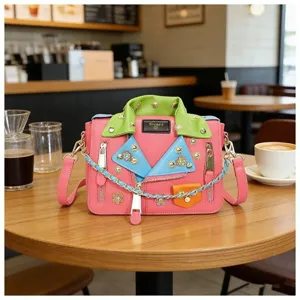 Damen Trendy PU Leder Anzugjacke Form Umhängetasche Niete Kette Punk Kleine Quadratische Schultertasche Farbblock Motorrad Tasche