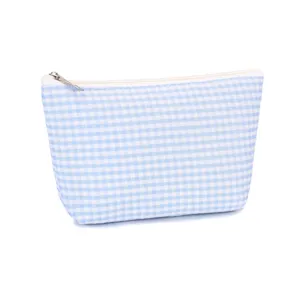Trousse de maquillage vichy bleu et blanc, jolie pochette cosmetique pour voyage et rangement.