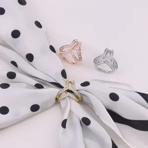 Rhinestone geometric three-ring scarf buckle, premium alloy accessory detail shot.