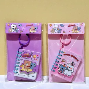 Cute mini spiral notebook keychain set, portable cartoon memo pad with keyring for students.