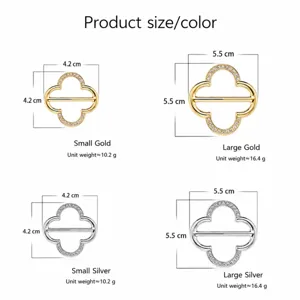 Four-leaf clover scarf buckle rhinestone clothing corner knot ring in gold and silver sizes.