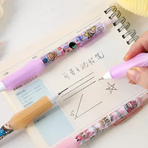 Close-up detail of cute mechanical pencil with comfortable grip and fun cartoon barrel design.