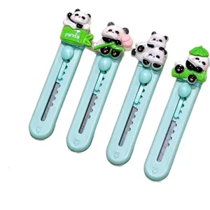 Cute panda mini utility knife box cutter set for students, portable green package opener.