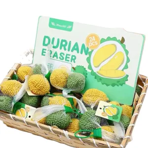 Set de gommes durian créatives dans un panier, 24 pcs papeterie mignonne de fruits pour étudiants.