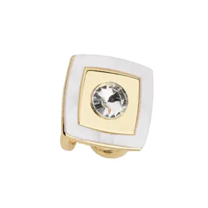 Square scarf buckle with white acrylic and sparkling crystal, elegant gold tone design for women.