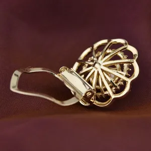 Gold alloy rhinestone pearl scarf clip brooch pin detail view for elegant clothing decor.