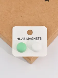 Round hijab magnets set in green and white colors with display card, secure clothing pin alternative.