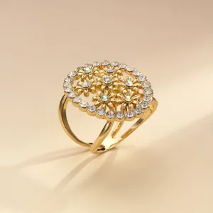 Gold rhinestone camellia flower silk scarf buckle elegant coat belt clip brooch accessory.