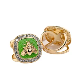 Vintage square bee scarf ring clip with crystal rhinestones and green grid pattern.