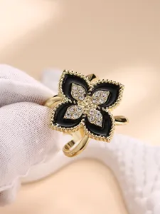 Korean style four-leaf clover silk scarf buckle brooch rhinestone black enamel accessory