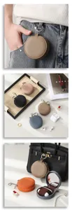 Round leather zipper earphone pouch with mirror portable mini coin purse keychain bag charm
