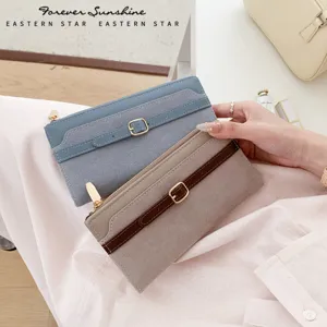 Dames Lange Portemonnee PU Leder Suède Splicing Bifold Geldtas Mode Gürtelschnalle Kaarthouder Elegante Clutch