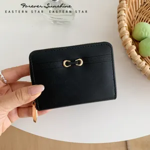 Minimalist women bifold wallet black PU leather card holder coin purse with metal lock clasp.