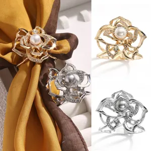Elegant rose flower scarf buckle with pearl and rhinestones, perfect for women's stylish accessories.