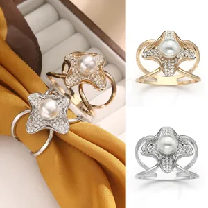Elegant pearl rhinestone scarf ring buckle, versatile metal clothing accessory for women.