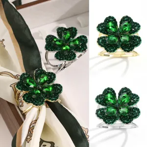 Elegant green crystal four-leaf clover scarf buckle napkin ring for women fashion accessories.