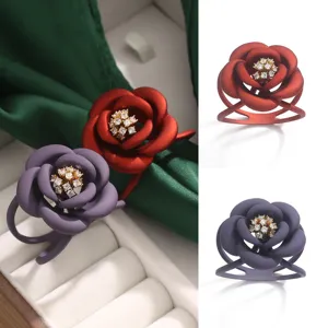 Elegant camellia scarf ring rhinestone crystal brooch fashion silk shawl buckle accessory