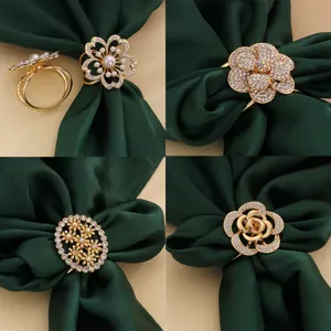Exquisite crystal floral scarf ring and coat buckle detail, sparkling rhinestones gold finish.