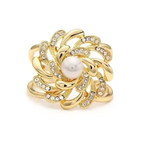 Gold Tone Pearl Rhinestone Flower Scarf Ring Buckle Elegant Shawl Clip Fashion Accessory