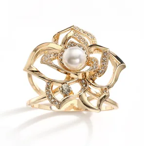 Gold hollow flower scarf ring with pearls and rhinestones main view product display