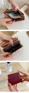 Detailansicht des retro braunen Leder Portemonnaies mit Kartenfächern und Münzfach innen.