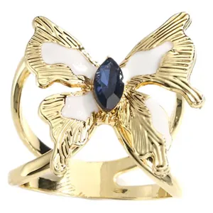 Goldenes Schmetterling Tuchring mit weisser Emaillierung und blauem Kristall fur Damen Mode
