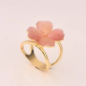 Gold-tone pink four leaf clover silk scarf ring metal buckle elegant fashion accessory