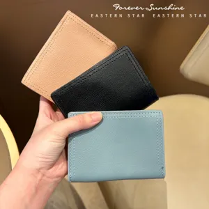 Portefeuille Court en Cuir PU Vintage pour Femmes Porte-cartes Multifonctionnel Petit Porte-monnaie Couleur Unie Bifold Money Clip