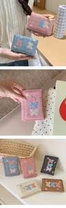 Korean style denim short wallet with cute embroidered bows and stars for women daily use.
