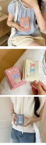 Korean style trifold wallet with cute bow embroidery, compact design for women.