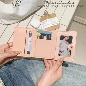 Women Korean Style Tri-fold Denim Texture PU Wallet Embroidered Bow Star Large Capacity Zipper Coin Purse Short Clutch