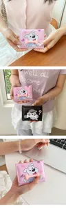 Cute cartoon dog trifold wallet with 3D bone charm, compact PU leather card holder purse.