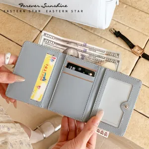 Portefeuille à Trois Volets en Denim Style Coréen Forme de Cœur pour Femmes Étudiants Porte-Photo Porte-Cartes Petit Portefeuille Court
