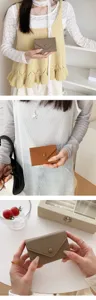 Minimalist leather envelope wallet for women, compact card holder with snap button.