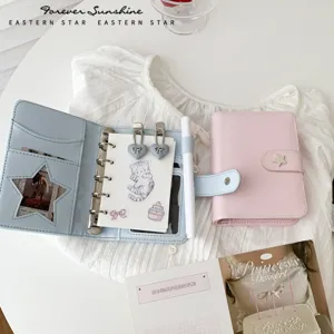 Korean Style Cream Glossy PU Leather M5 Loose Leaf Notebook Mini Pocket Planner Star Button Binder Daily Journal Agenda Notebook