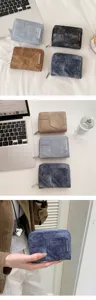 Portafoglio corto in denim da donna, borsellino con cerniera e scomparti per carte.