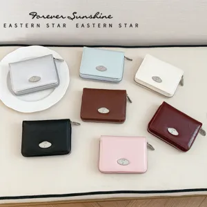 Women bifold zip leather wallet solid color simple compact purse fashion ladies card holder