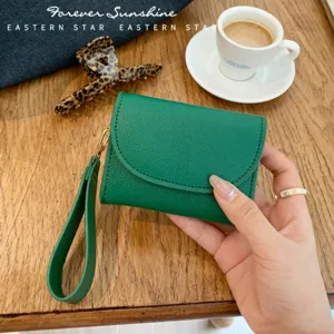 Grüne Damen Mini Geldbörse mit Handschlaufe, koreanischer Stil PU Leder Portemonnaie kleine Tasche.