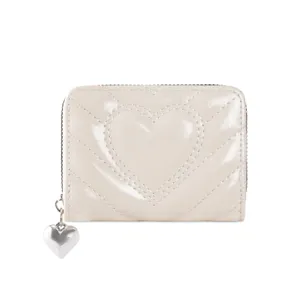 Beige PU Leder Mini Geldbörse für Damen, süßes Herz gestepptes Kartenetui mit Anhänger.