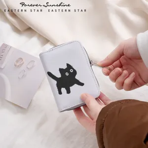 Monedero tarjetero de acordeón de cuero PU con gato negro lindo para uso diario