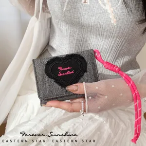 Denim heart tri-fold coin purse with stylish pink lanyard and embroidered cute design.