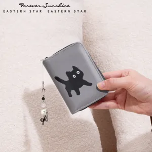Niedlicher schwarzer Katzen Kartenhalter PU Leder Geldbörse mit Anhänger für Damen.