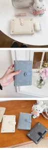 Close-up detail shot of the Korean style denim passport holder with metal rivets and card slots.