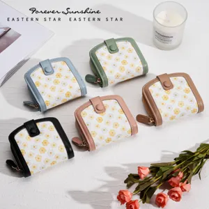 Women cute daisy floral short wallet PU leather folding card holder coin purse cute style